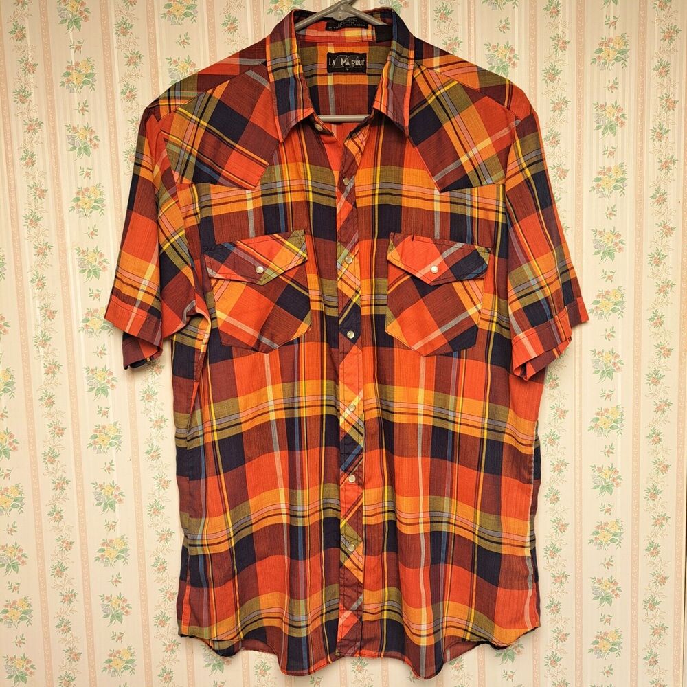 Vintage 70's La Marque Pearl Snap Western Shirt MENS L Ranch Cowboy Plaid Tartan